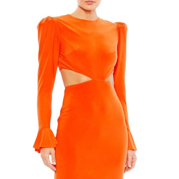 Mac Duggal Orange Long Sleeve Cutout Ruffle Cuffs Fitted Floor Length Dress Sz 0 - Picture 10 of 10